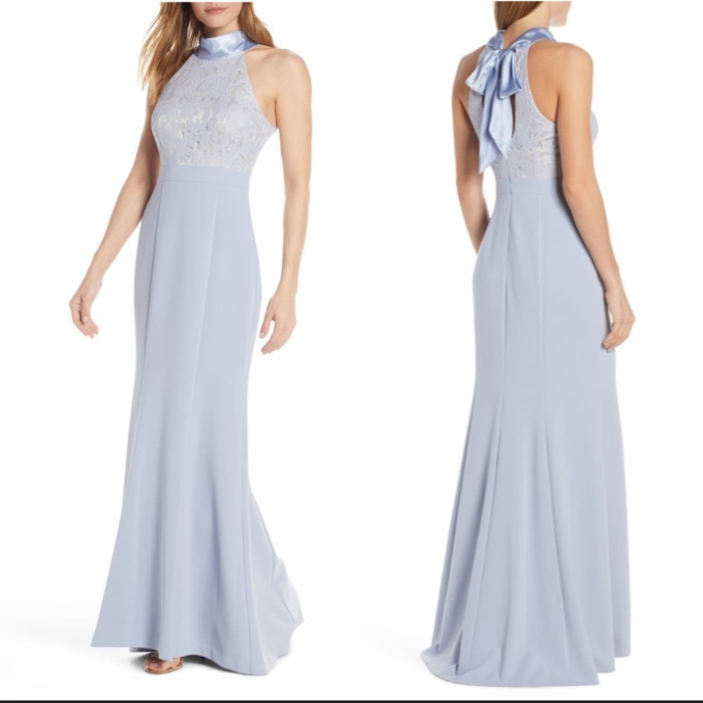 NWT ELIZA J SKY BLUE HALTER TIE MERMAID GOWN